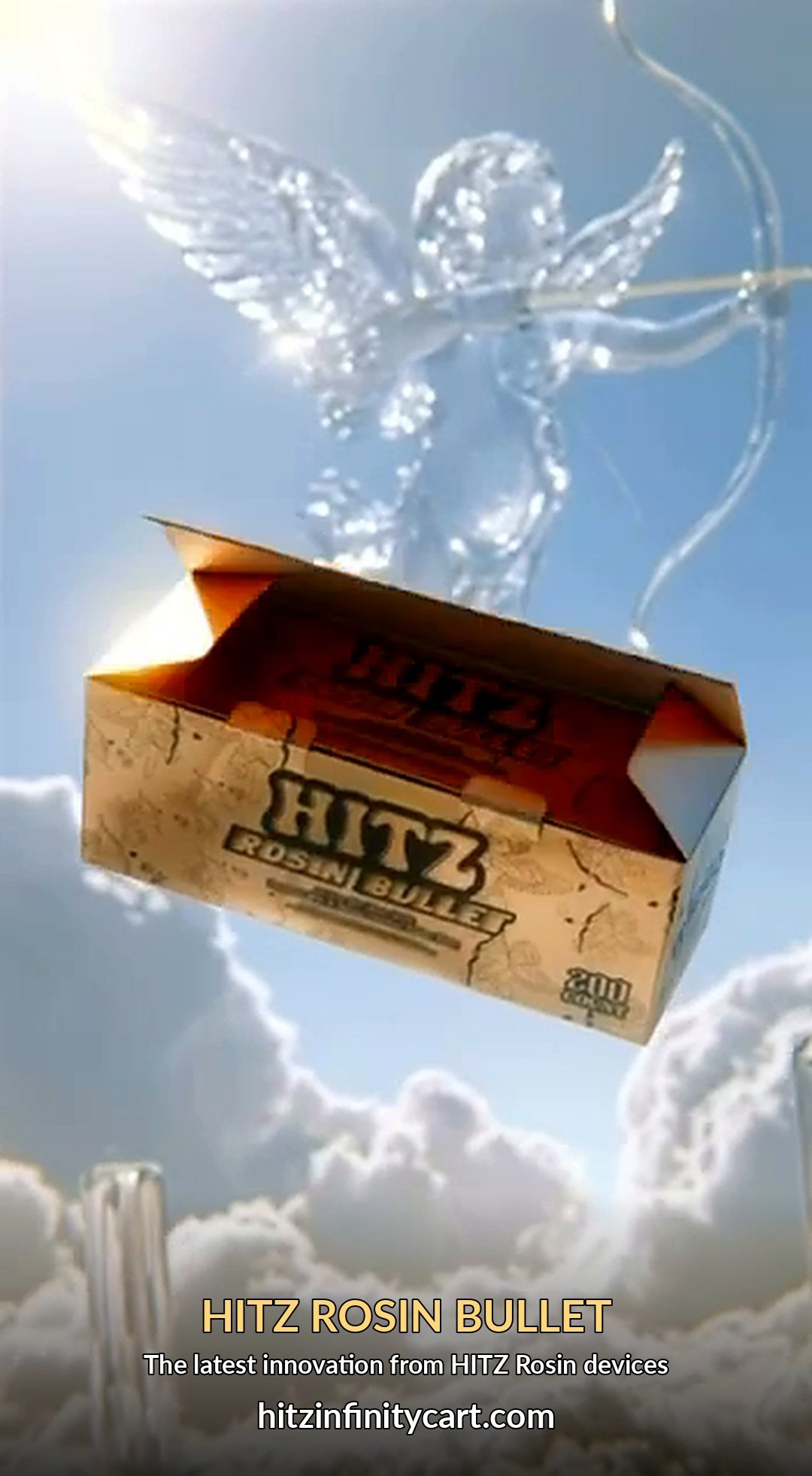 HITZ Rosin Bullet 200-count gold display box with glass angel, hitzinfinitycart.com