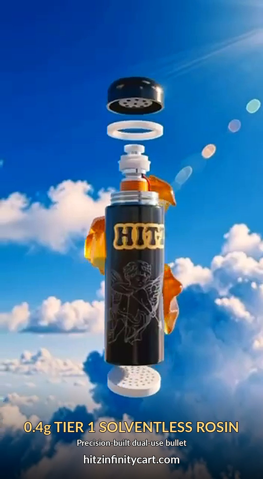 Exploded view of the HITZ Rosin Bullet showing filter cap, gasket and 0.4g rosin chamber