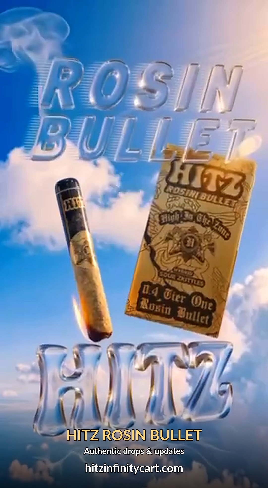 HITZ Rosin Bullet lineup with gold box and glass HITZ lettering